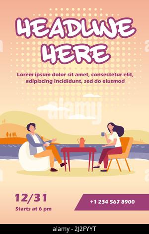 Un jeune couple boit du café sur la rive du lac. Couple homme et femme datant de l'extérieur vecteur plat illustration. Mariage romantique, romance, concept de vacances Illustration de Vecteur