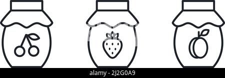 Icône de confiture de fraise et d'abricot, icônes de confiture de cerise. Icônes de ligne isolée de bourrage. Desserts sucrés Illustration de Vecteur