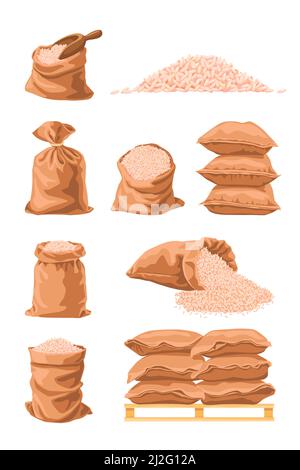 Sacs textiles pleins de dessin animé de riz illustration vectorielle. Emballage de grains de riz blanc brut dans de grands sacs bruns. Stockage de nourriture, emballage, production de farine con Illustration de Vecteur