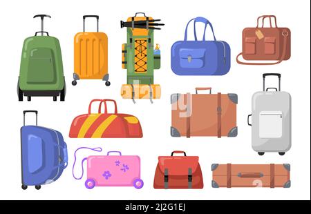 Ensemble de sacs de voyage. Valises en plastique et en métal avec roues pour enfants ou adultes, sacs à dos de randonnée. Illustration vectorielle pour le tourisme, les bagages, les bagages Illustration de Vecteur