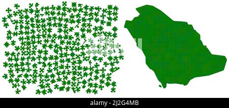 Royaume Arabie Saoudite carte composée de différentes nuances vert - couleur nationale - pièces de puzzle, 286 blocs dispersés et version finie Illustration de Vecteur