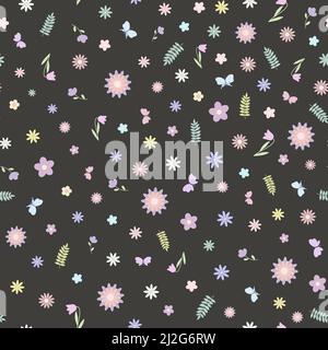 Papillons de couleur pastel fantaisie, fleurs sans couture, illustration vectorielle simple style plat, symbole du printemps, décoration de fête de Pâques, clipart pour cartes, bannière, décoration de printemps Illustration de Vecteur