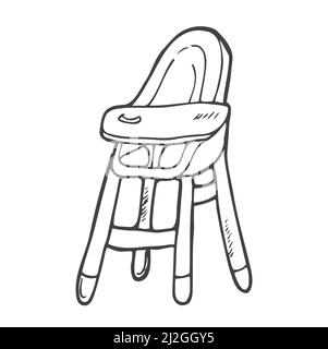 Chaise haute pour bébé décorée de pois dans un style Doodle. Contour isolé. Illustration vectorielle dessinée à la main à l'encre noire sur fond blanc. Illustration de Vecteur