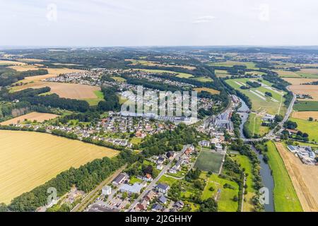 Vue aérienne, Schürenfeld zone industrielle prévue sur la route fédérale B233 Unnaer Straße dans le district de Dellwig, vue sur le district de Langschede et A Banque D'Images