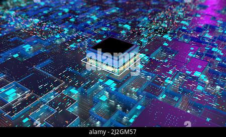 Carte à circuits imprimés avec processeur central, puce de carte mère numérique fonctionnant avec des milliers de connexions lumineuses et violet et bleu Banque D'Images