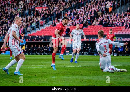 Copenhague, Danemark. 29th, mars 2022. Aleksandar Mitrovic (9) de Serbie vu pendant le football amical entre le Danemark et la Serbie à Parken à Copenhague. (Crédit photo: Gonzales photo - Robert Hendel). Banque D'Images