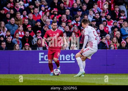 Copenhague, Danemark. 29th, mars 2022. Andrija Zivkovic (14) de Serbie vu pendant le football amical entre le Danemark et la Serbie à Parken à Copenhague. (Crédit photo: Gonzales photo - Robert Hendel). Banque D'Images