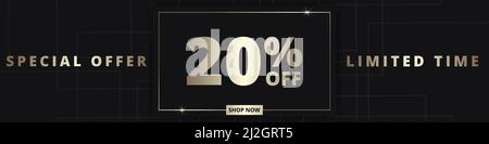 20 bannière de rabais. Offre spéciale limitée, réduction de 20 %. Offre de réduction de vente. Bannière de promotion de luxe avec typographie dorée vingt pour cent Illustration de Vecteur