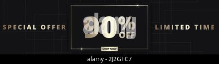 90 bannière de rabais. Offre spéciale limitée, réduction de 90 %. Offre de réduction de vente. Bannière de promotion de luxe avec typographie dorée quatre-vingt-dix pour cent Illustration de Vecteur