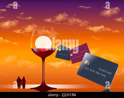 Un verre de vin rouge, le coucher du soleil et un couple tenant les mains sont vus avec trois cartes de crédit et de débit génériques de voyage dans une illustration de 3-d au sujet de tr Banque D'Images