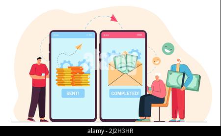 Un fils adulte envoie de l'argent à des parents âgés en ligne. Illustration vectorielle plate. Smartphones géants avec application bancaire et transferts d'argent via in Illustration de Vecteur