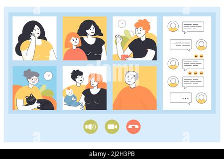 Grande famille ayant des appels vidéo de la maison par téléphone ou ordinateur.Parents avec enfants, femme avec enfant, personnes âgées illustration vectorielle plate.Famille, q Illustration de Vecteur