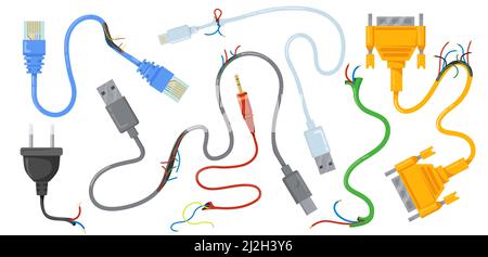 Jeu d'illustrations vectorielles câbles et fils USB cassés. Circuits électriques endommagés et connecteurs avec fiches isolées sur fond blanc. Électricité, ha Illustration de Vecteur