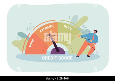 Homme d'affaires tirant le compteur de vitesse de mauvaises à bonnes performances.Personne changeant de rapport de crédit pour une meilleure illustration de vecteur plat.Score de crédit, personnalisé Illustration de Vecteur