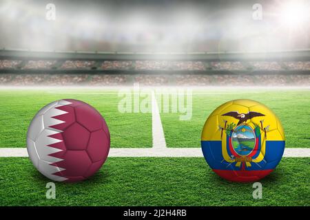 Le Qatar contre le football équatorien dans un stade en plein air aux lumières vives avec drapeau de pays peint. Concentrez-vous sur le premier plan et le ballon de football avec une faible profondeur de vie Banque D'Images