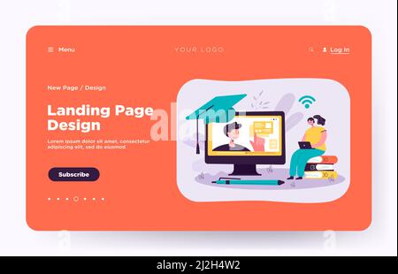 Femme joyeuse étudiant sur Internet, regardant le webinaire sur ordinateur, prenant des cours en ligne. Illustration vectorielle pour la connaissance, l'éducation, l'apprentissage à distance Illustration de Vecteur