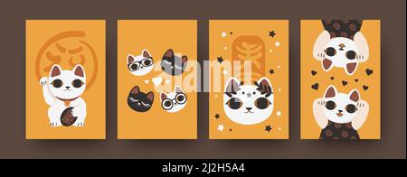 Collection d'illustrations de chats japonais dans un style moderne. Ensemble lumineux de maneki neko isolé sur fond orange. Souvenirs mignons. Asiatique traditionnel Illustration de Vecteur