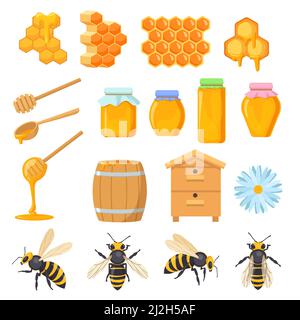 Ensemble coloré de symboles miel. Illustration vectorielle de dessin animé. Nid d'abeille, ruche en bois, tonneau, pots en verre, cuillères, abeilles, fleur isolée en blanc Illustration de Vecteur