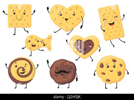 Ensemble d'illustrations vectorielles personnages biscuit mignons. Petits gâteaux souriants et craquelins de formes différentes, carrés, cercles, poissons, coeur isolé sur le blanc Illustration de Vecteur