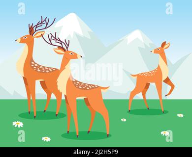 Cerf paître dans le style de dessin animé. Troupeau de cerfs sur prairie avec herbe verte et fleurs blanches. Montagnes et ciel bleu en arrière-plan. Concept de la faune pour W Illustration de Vecteur