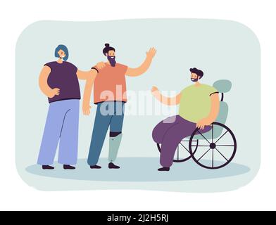 Personne handicapée saluant un homme en fauteuil roulant. Personnage avec jambe artificielle, personnes handicapées illustration vectorielle plate. Communication, handicap, frv Illustration de Vecteur