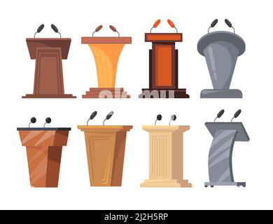 Jeu d'illustrations vectorielles différentes avec microphones. Podiums, plates-formes ou rostrums en bois ou en acier pour salles de classe isolées sur fond blanc Illustration de Vecteur