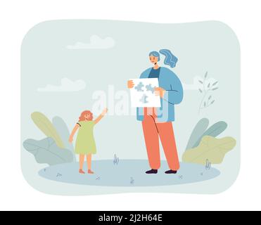 Femme enseignant montrant le puzzle à la petite fille. Jeu enfant avec femme dans l'illustration vectorielle plate de jardin d'enfants. Éducation, concept d'enfance pour Illustration de Vecteur