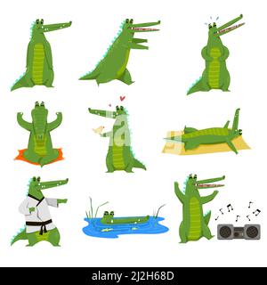 Jeu d'illustrations vectorielles de personnage de dessin animé d'alligator amusant.Dessins de crocodile dans l'étang, grand gator vert courant, méditant, dansant isolé sur whi Illustration de Vecteur