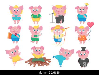 Jeu de personnages de dessin animé de cochons amusants. Collection vectorielle plate de petits animaux mignons dans diverses situations, chant, manger, danser, s'amuser. Bonne pi Illustration de Vecteur