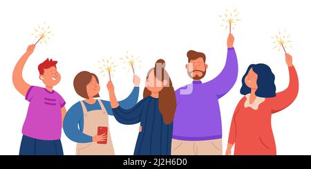 Groupe d'amis heureux debout avec des Sparklers dans les mains. Une équipe de bureau célébrant le succès ensemble de l'illustration vectorielle plate. Société, société, Illustration de Vecteur