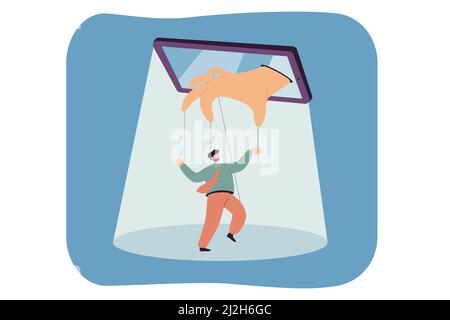 Main de téléphone contrôlant homme d'affaires de dessin animé comme marionnette. Techniques de propagande d'Internet convaincantes, fausses nouvelles en ligne illustration vectorielle plate. Socie Illustration de Vecteur