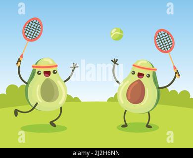 Joyeux personnages de dessin animé avocat jouant au tennis sur pelouse. Des fruits mignons qui s'amusent ensemble dans l'illustration vectorielle d'été. Sport, amitié, concep de jeu Illustration de Vecteur