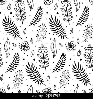 Motif sans couture noir et blanc à motif vectoriel de fleurs printanières dessinées à la main Illustration de Vecteur