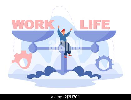 Homme heureux assis sur des balances avec des mots travail et la vie.Trouver un équilibre entre la réussite professionnelle ou financière et les relations ou le vecteur familial illustrat Illustration de Vecteur