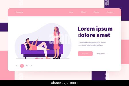 Homme allongé sur un canapé quand une femme se tient debout et regarde lui. Canapé, paresse, femme illustration de vecteur plat. Concept de famille et de relation pour bannière, Illustration de Vecteur