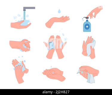 Infographie médicale avec jeu d'illustrations vectorielles pour le lavage des mains.Gestes montrant les étapes de nettoyage des mains sales, prévention des infections isolé o Illustration de Vecteur