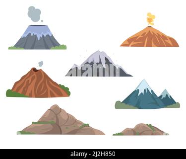 Ensemble d'illustrations vectorielles plates Mountain et Volcano TOP.Rochers de formes différentes, pics enneigés, collines rocheuses isolées sur fond blanc.Nature, lan Illustration de Vecteur