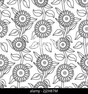 Motif noir et blanc sans couture vectoriel de tournesol dessiné à la main Illustration de Vecteur