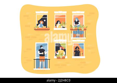 Illustrations vectorielles pour les personnes sur les balcons. Fenêtres avec voisins à l'intérieur des appartements. Balcons avec hommes et femmes pendant la quarantaine. Immeuble d'appartements faca Illustration de Vecteur
