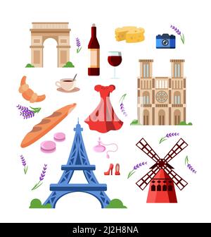 Ensemble de monuments colorés de la France et de symboles de voyage. Illustration vectorielle de dessin animé. Baguette, appareil photo, vin, Tour Eiffel, moulin, lavande, fromage. France Illustration de Vecteur