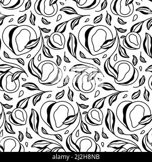 Motif vectoriel de fruits noir et blanc à motif de pêche dessiné à la main Illustration de Vecteur