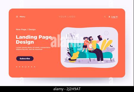 Une mère souriante prend un selfie avec des enfants sur une illustration vectorielle plate du téléphone. Maman de dessin animé assise sur un canapé, tenant bébé et fille debout près de lui Illustration de Vecteur