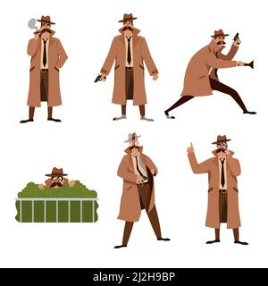 Ensemble d'illustrations vectorielles de dessin animé d'enquêteur privé.Personnage de détective avec moustache en manteau brun, chapeau et cravate dans diverses poses d'action.Crime, Illustration de Vecteur