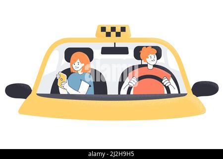 Chauffeur de taxi et passager féminin derrière le pare-brise. Personnage de dessin animé mâle conduisant la femme au travail, homme et femme assis dans la voiture vecteur plat illust Illustration de Vecteur