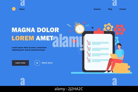 Un petit homme qui vérifie la liste des tâches via un ordinateur portable. Horloge, pièce de monnaie, illustration vectorielle de travail à plat. Gestion du temps et concept d'affaires pour la bannière, la conception de site Web o Illustration de Vecteur