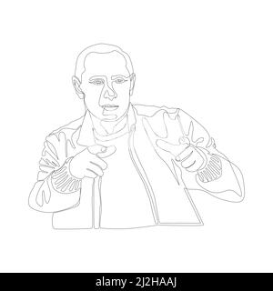 Portrait en ligne continue de Vladimir Poutine isolé sur une illustration vectorielle blanche de fond. Président de la Russie en cuir les doigts de veste pliés comme un g. Illustration de Vecteur