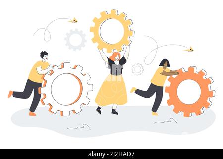 De minuscules personnes qui déplacent des engins géants. Illustration vectorielle plate. Équipe d'affaires avec roues dentées, symbole de service de réparation, mise à niveau, connaissances, coopération. Thé Illustration de Vecteur
