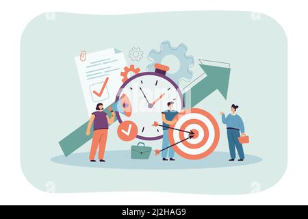 Des personnes minuscules avec horloge, liste de contrôle et cible. Personnages de dessin animé productifs permettant d'obtenir une illustration vectorielle plate de l'objectif. Discipline, gestion du temps conce Illustration de Vecteur