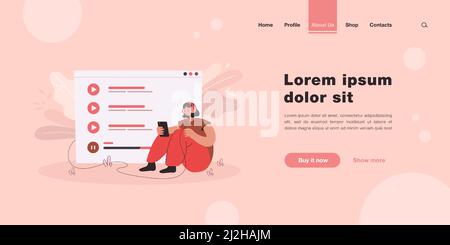 Petite femme assise et écoutant de la musique sur un téléphone portable illustration vectorielle plate isolée. Personnage de dessin animé relaxant et en choisissant une chanson de la liste de lecture. Illustration de Vecteur