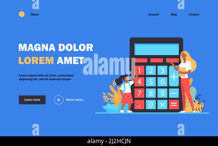Femme expliquant comment utiliser la calculatrice. Illustration numérique, enseignant, vecteur plat enfant. Education et calcul concept pour Banner, site web des Illustration de Vecteur